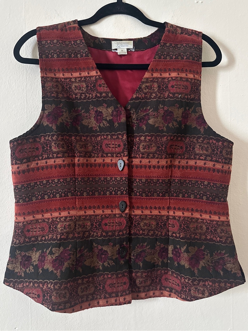 Vintage Christopher & Banks Red and Brown Patterned Women's Vest